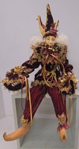 Harlequin Jester Shelf Sitter Doll Burgundy Gold 18in Decorative