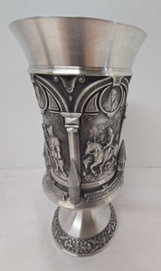 Zinn Pewter Medieval Relief Chalice Goblet 8in Decorative Vase Cup