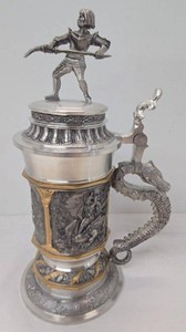 German Pewter Lidded Stein Dragon Handle Knight Finial 9in Tankard