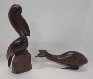 Hand Carved Wood Pelican & Whale Coastal Folk Art Sculptures