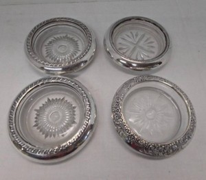 Vintage Sterling Silver Rim Glass Coasters Mixed Makers Set of 4