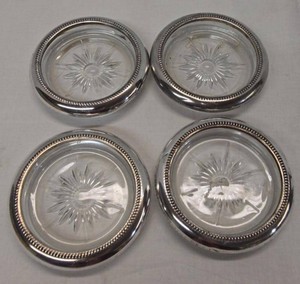 Set of 4 Leonard Italy Silverplate Glass Coaster 4in Starburst