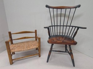 Vintage Miniature Windsor Chair & Rush Seat Settee Doll Furniture
