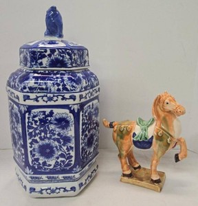 Blue and White Chinoiserie Style Ginger Jar &amp Ceramic Horse Planter Decorative Pair