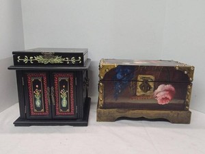 Decorative Wooden Jewelry Box Cabinet & Floral Chest Storage Set