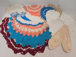 Vintage Crocheted Doilies Table Mats and Handmade Slippers Lot
