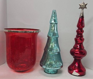 Vintage Mercury Glass Christmas Decor Set Tree Finial & Red Vase