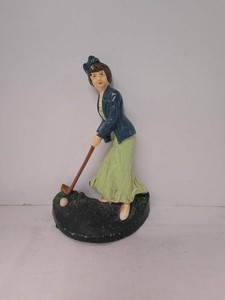 Vintage Cast Iron Lady Golfer Figural Doorstop Hand Painted 10in