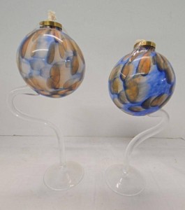 Pair of Alicja Art Glass Oil Lamps Blue Amber Swirl on Stands NOS