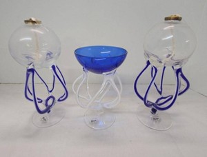 Alicja Polish Art Glass Oil Lamps & Cobalt Glass Holder Set