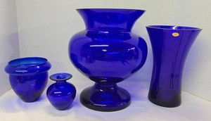Set of 4 Cobalt Blue Art Glass Vases Footed Baluster Erik Hoglunds Style Poland