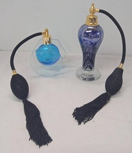 Pair of Vintage Irice Perfume Atomizers Blue Art Glass Taiwan