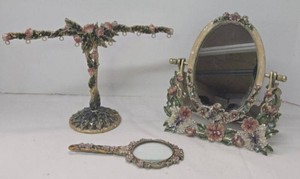 3-Piece Floral Enamel Vanity Mirror Jewelry Stand Magnifying Glass Set