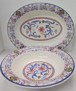 Italian Ceramic Serving Platter & Bowl Majolica Style Floral Decor