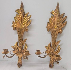 Pair Italian Florentine Gilt Wall Sconces 2-Candle Light Made in Italy