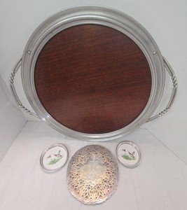 Round Serving Tray with FB Rogers Bird Coasters &amp Pierced Silverplate Trivet