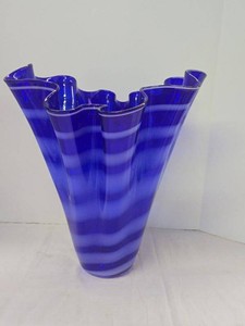 Alicja Polish Art Glass Ruffled Vase Cobalt Blue White Swirl 15in