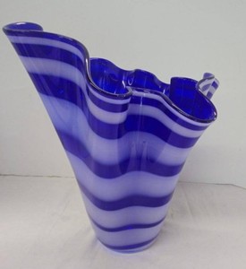 Alicja Poland Hand Blown Cobalt Blue White Stripe Art Glass Vase