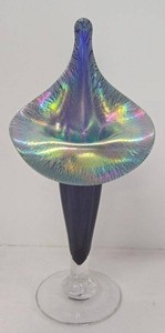 Signed Iridescent Blue Art Glass Pulled Rim Vase Sculpture 14in
