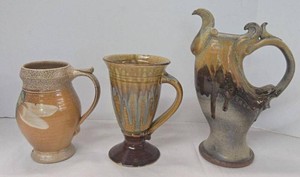 Studio Art Pottery Mugs & Sculptural Pitcher Dragonfly Drip Glaze