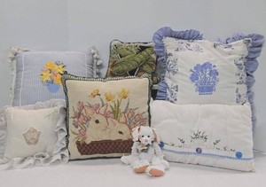 Vintage Pillow Set Needlepoint Embroidered Peas, Blues, Neutrals &amp Cute Plush Bunny