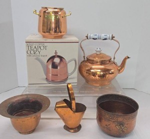 Mixed Vintage Copper Decor Lot Kettle Teapot Cozy Cachepot Pot