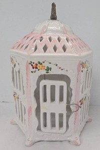 Vintage Italian Ceramic Birdcage Lantern Pink Floral Pagoda Decor