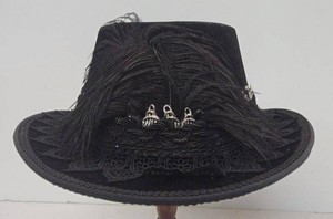 THLL TOHD Vintage Black Velvet Top Hat Lace Feather Trim Size M