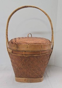 Vintage Asian Woven Bamboo Wedding Basket With Lid & Handle