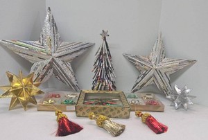 Vintage Christmas Decor Lot Paper Stars Tree Foil Ornaments Tassels