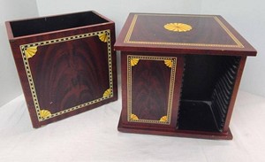 Art Deco Style Woodgrain CD Rack & Wastebasket Desk Set