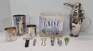 Mixed Barware Lot Silverplate Cocktail Shaker Pitcher Cups Vodka Set