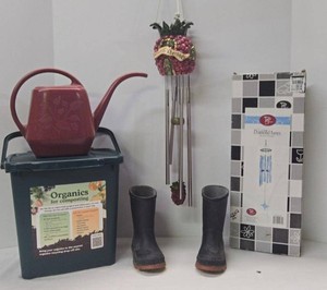 Lot of Garden Decor, 2 Wind Chimes, Kids Rain Boots, Indoor Compost Bin &amp Watering Can