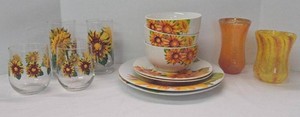 Royal Norfolk Sunflower Dinnerware Glasses & Art Glass Decor Lot