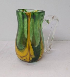 Oulu Glass Hand Blown Art Glass Pitcher Green Amber Swirl 6in