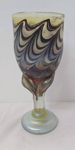 Signed Studio Art Glass Iridescent Pulled Feather Goblet Vase 9in