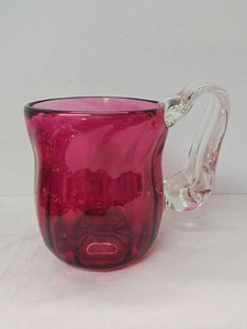 Signed Cranberry Art Glass Pitcher with Clear Applied Handle 6in