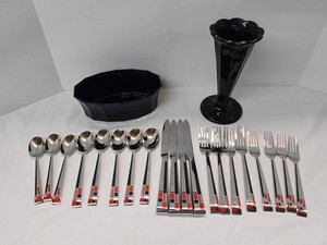 Mid Century Kirk Stieff Cloisonne Flatware with Black Glass Vase &amp Bowl Lot