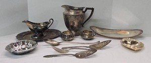 Vintage Silverplate Serving Ware Lot Trays Pitcher Gravy Boat Utensils