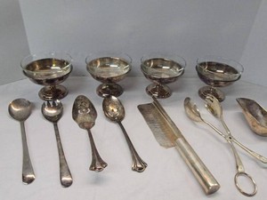 Silverplated Sherbet Dishes w Pyrex Bowls & Assorted Serving Utensils