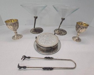 Vintage Barware Lot Mikasa Fostoria Martini Glasses Goblets Coasters Tongs