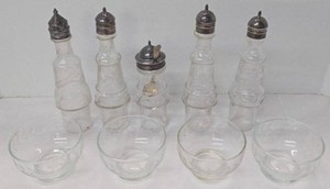 Vintage Etched Glass Cruets Shakers & Dessert Bowls Serving Set