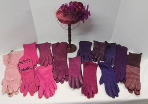 Vintage Womens Glove & Fascinator Lot Leather Fabric Pink Purple