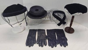 Vintage Womens Black Veiled Hats & Leather Gloves Funeral Church Lot