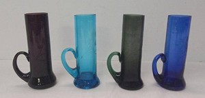 Set of 4 Vintage Korean Colored Glass Handled Bud Vases Etched Floral