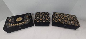 Set of 3 Black Velvet Embroidered Beaded Jewelry Trinket Boxes