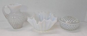 Vintage Opalescent Art Glass Hobnail Covered Dish Pitcher Bowl Set