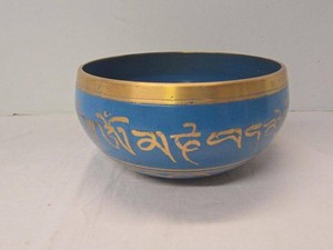 Blue Tibetan Style Om Script Decorative Metal Bowl 6in Diameter