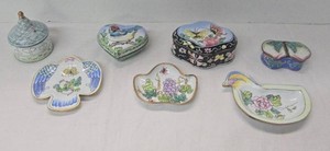 Set of 7 Cloisonne Enamel Trinket Boxes Dishes Bird Butterfly Heart