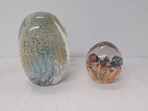 Pair of Studio Art Glass Paperweights Signed Abstract Designs